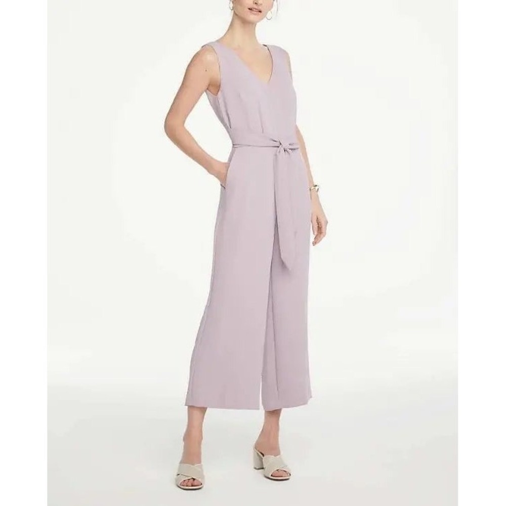Ann Taylor Factory Lavender V-Neck Wide Leg Belted Jumpsuit Purple Size 10 boho